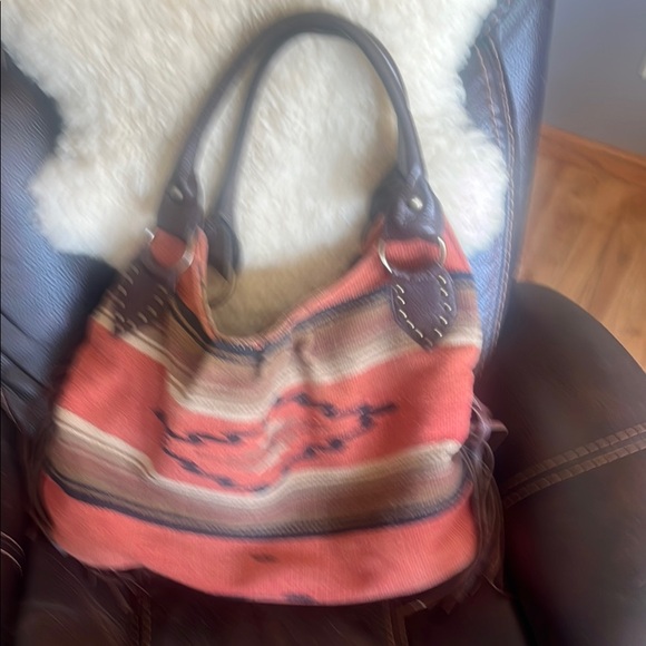 Striped Tan and Brown Travel Bag - Picture 1 of 8
